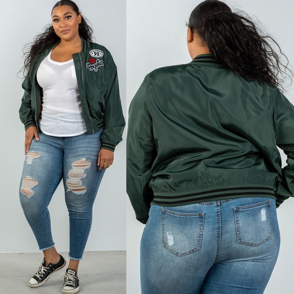Jackets & Blazers - PLUS  DARK GREEN PATCH BOMBER JACKET